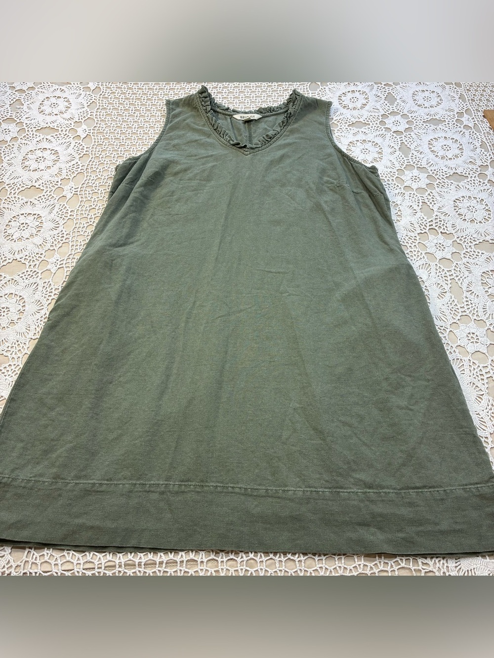 Briggs Women’s XL Olive Green Linen Blend Dress Sleeveless Ruffle V-Neck Pockets
